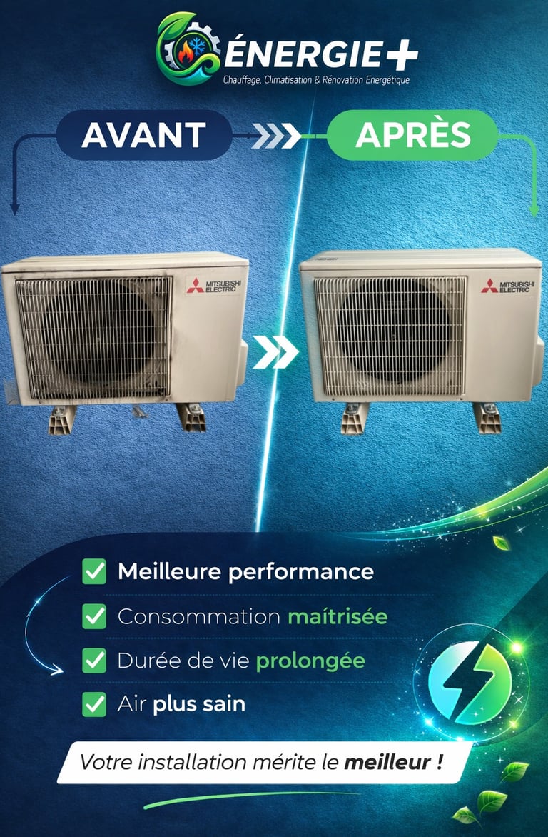 Comparaison avant et après d'un service de nettoyage et d'entretien d'une unité de climatisation Mit