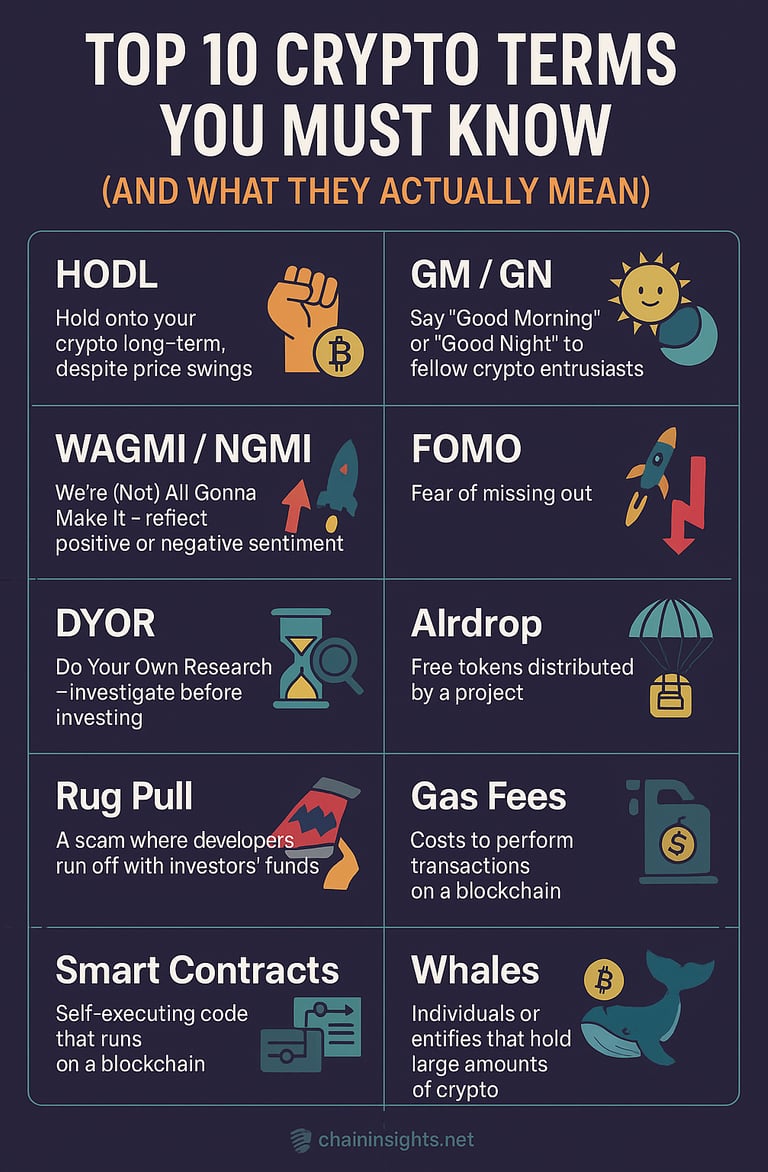 Top 10 Crypto terms, HODL, FOMO, Airdrop, Rug pull.Smart Contracts, Whales, Gas fees