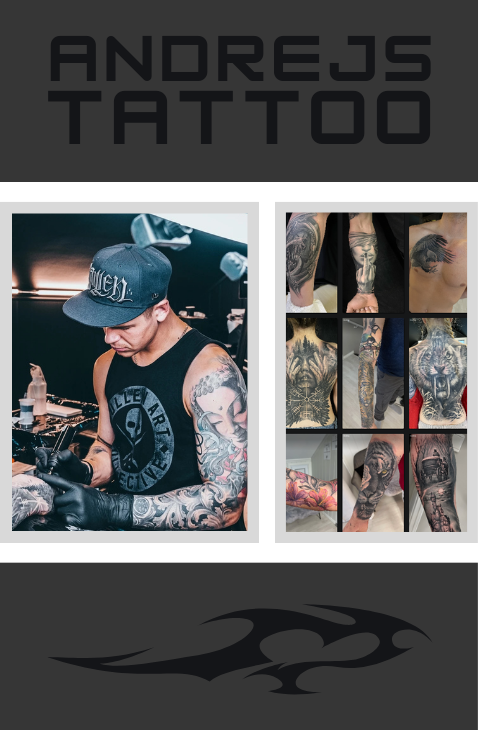 Tattoo studio setup with intricate tattoo designs and tools on display