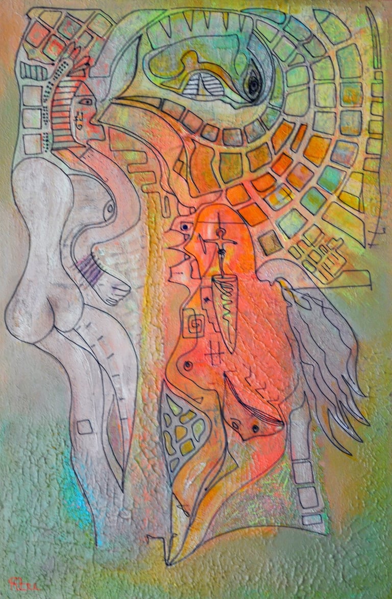 "Domaine" A raised paint line, expressing symbols of interconnection, by Kristina Lee