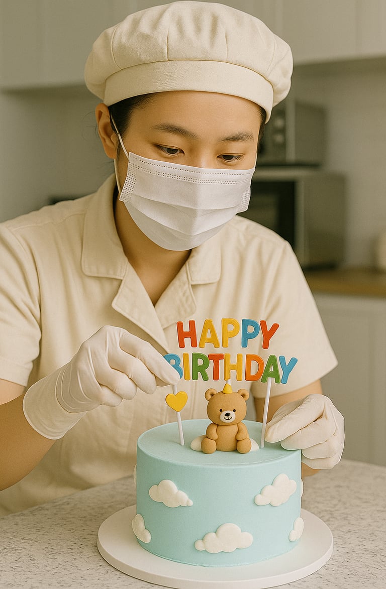 Thợ làm bánh đang trang trí bánh sinh nhật màu xanh da trời tại tiệm bánh Tina Cake Nha Trang, với hình gấu fondant đội nón v