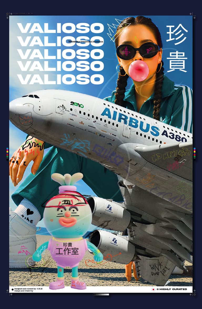 Creative graphic poster featuring a woman with pink bubblegum, a toy character, and a graffiti-covered Airbus A380.