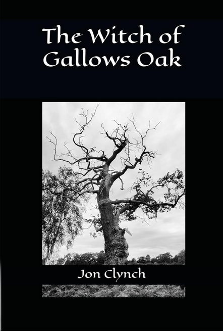 Book cover for The Witch of Gallows Oak by Jon Clynch. A gnarly oak tree in monochrome..