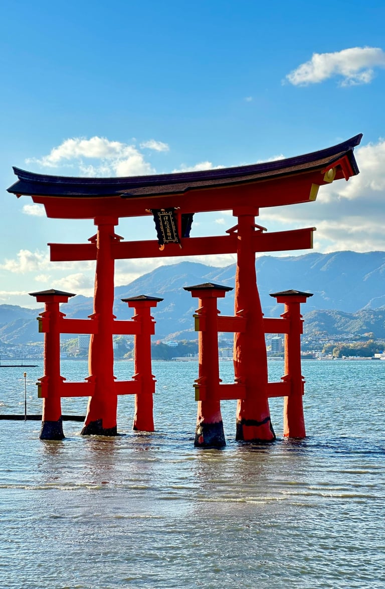 The floating Itsukushima Shrine Torii gate in Miyajima, Japan, standing in water with scenic mountains.
