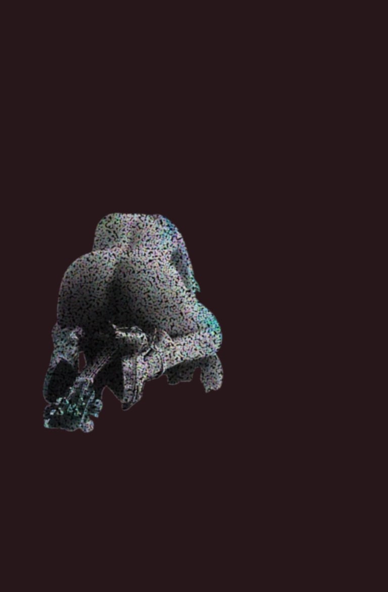 A pixelated silhouette of a person kneeling in a dark digital space with static noise textures.