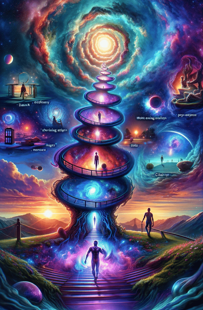 a man standing on a stairway way to a spiral staircase way