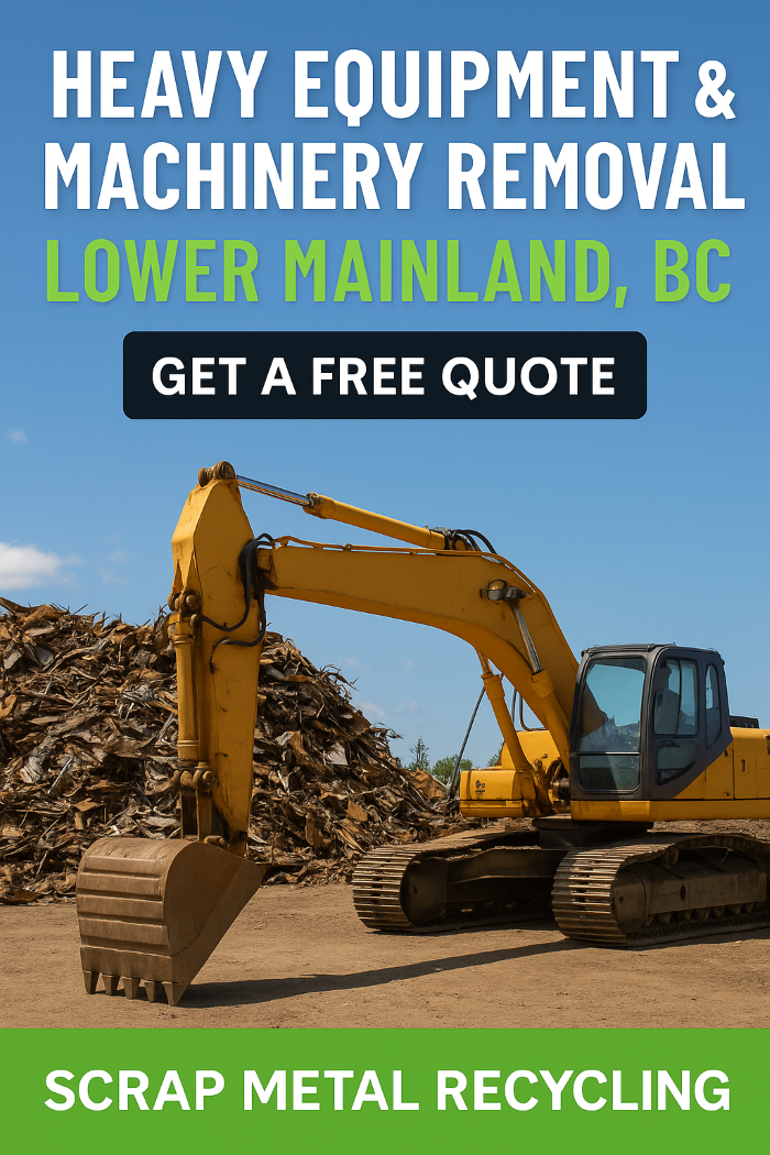 A yellow hydraulic excavator parked beside a large pile of scrap metal under a clear blue sky.