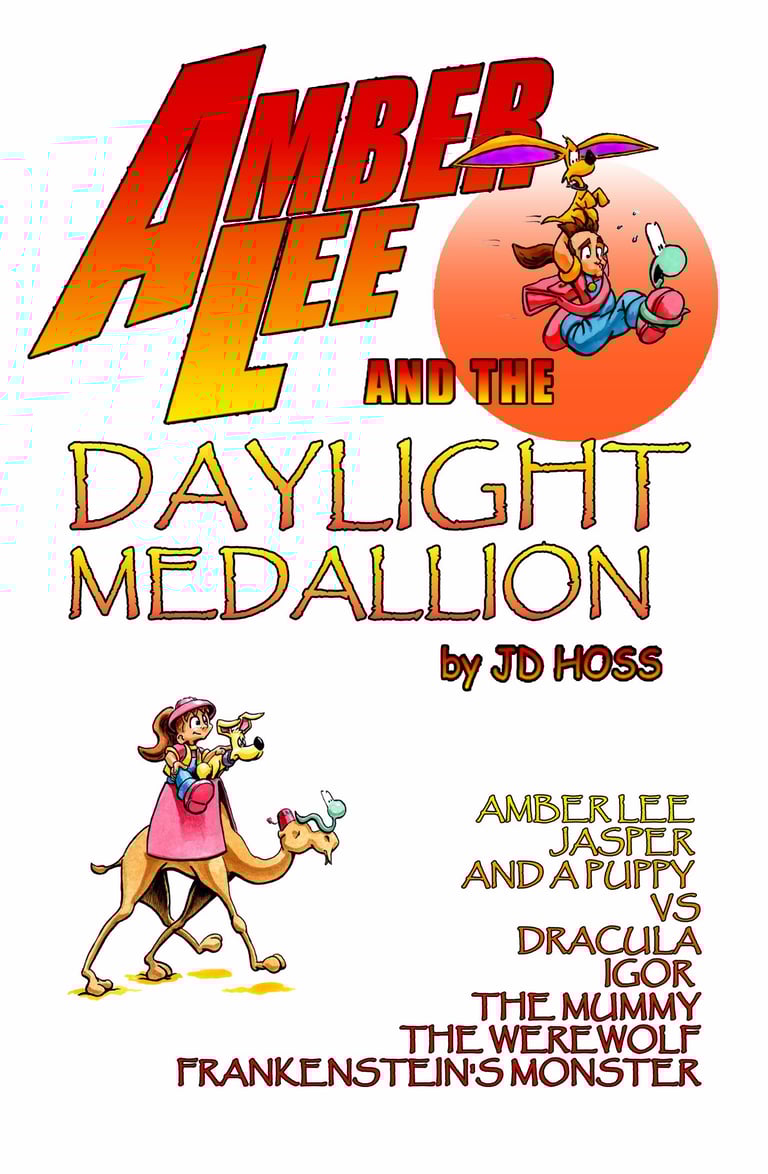 Comic Book Cover featuring Amber Lee, her puppy, and Jasper the snake riding Sallah the camel. 