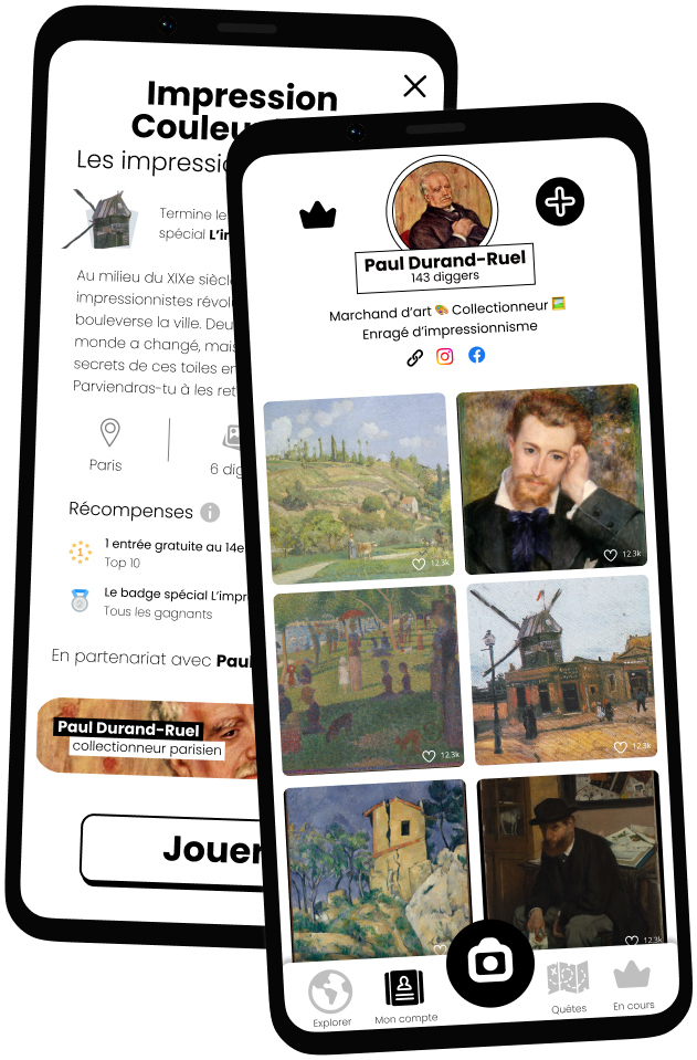 Captures d'écrans de l'application Diggers montrant le compte de Paul Durand-Ruel