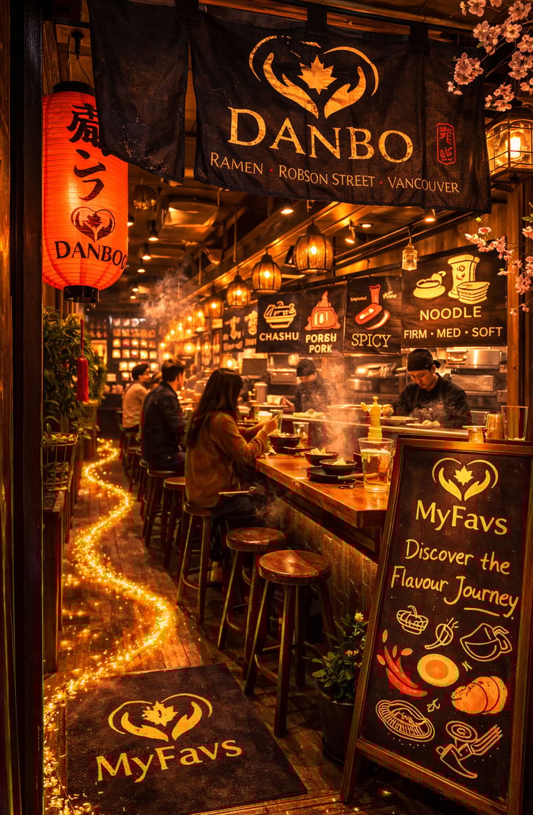 Authentic Fukuoka style tonkotsu ramen bowl at Danbo on Robson Street Vancouver with MyFavs discover
