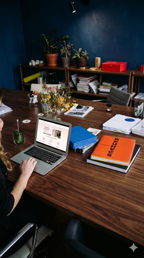 A designer uses a laptop on a wooden desk in a creative office with Bauhaus books and plants.