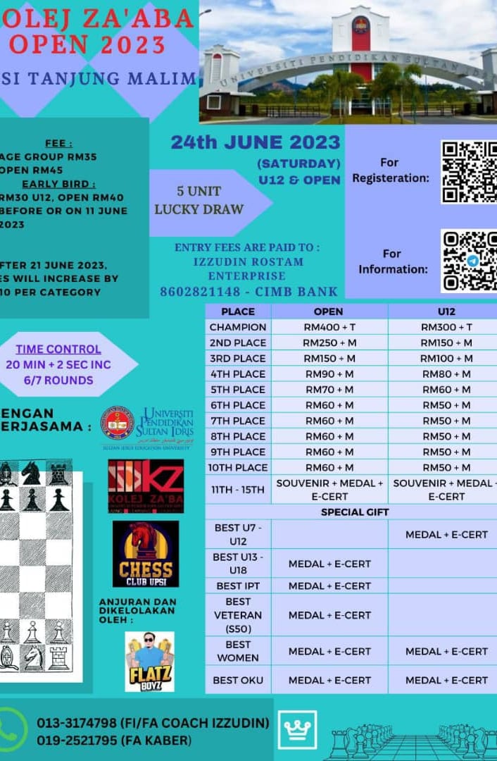 Kolej Za’aba Open 2023 at UPSI Tanjug Malim, Malaysia Chess Tournament. Catur Malaysia