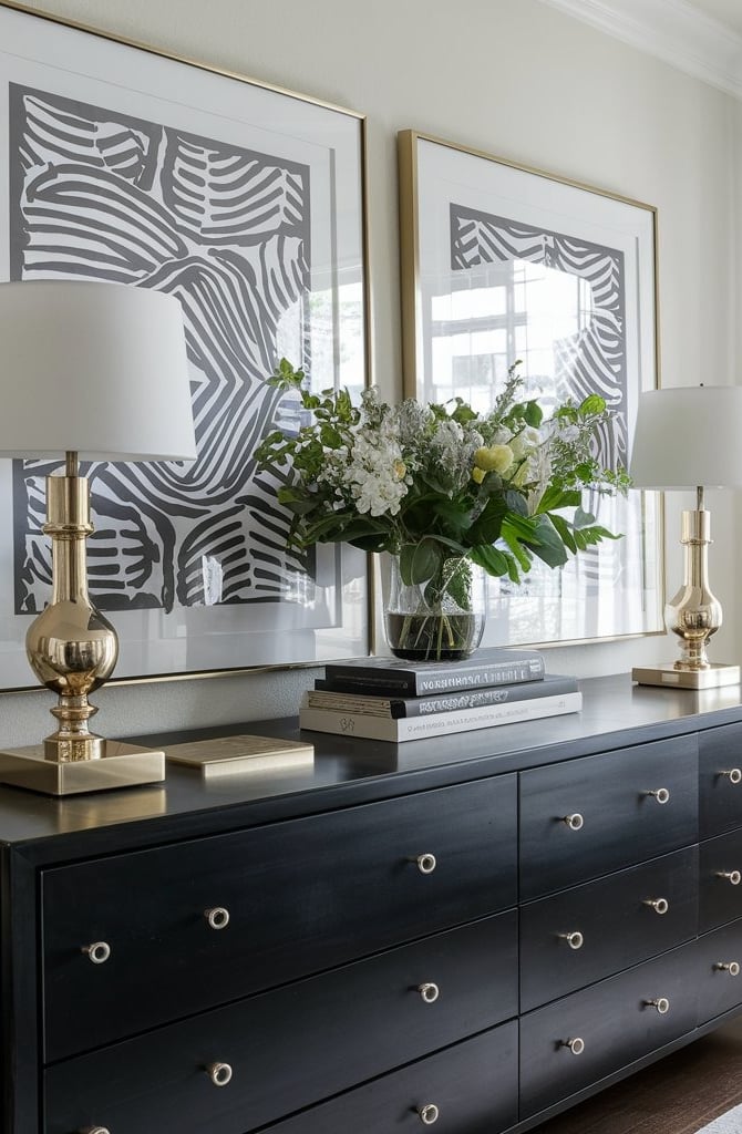 a dresser with a vase of flowers in a room