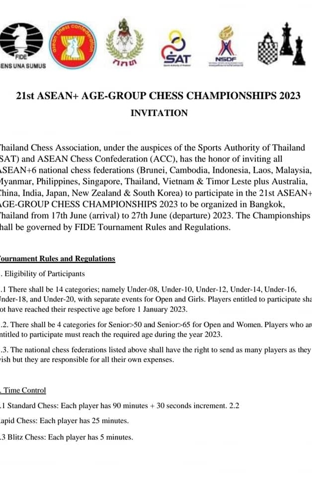 21st ASEAN+ Age Group Chess Championship 2023. ASEAN Chess. Thailand Chess Association