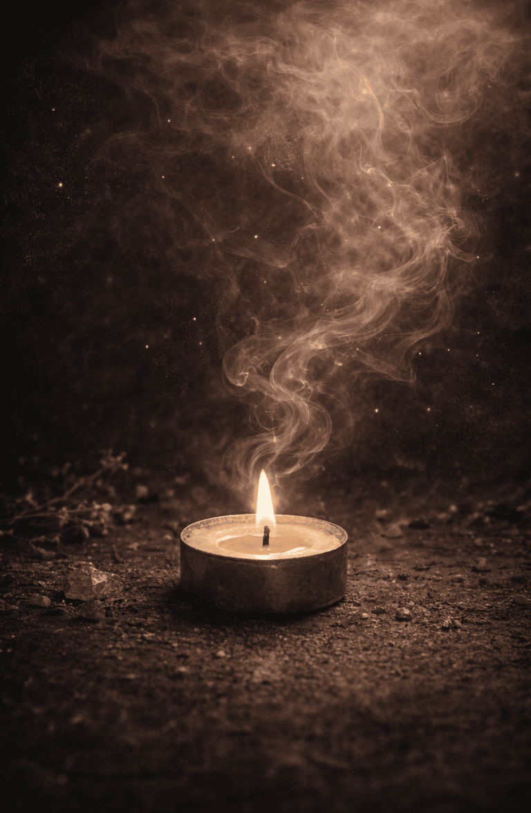 Una sola vela de té encendida, con humo atmosférico y destellos dorados, sobre una superficie oscura