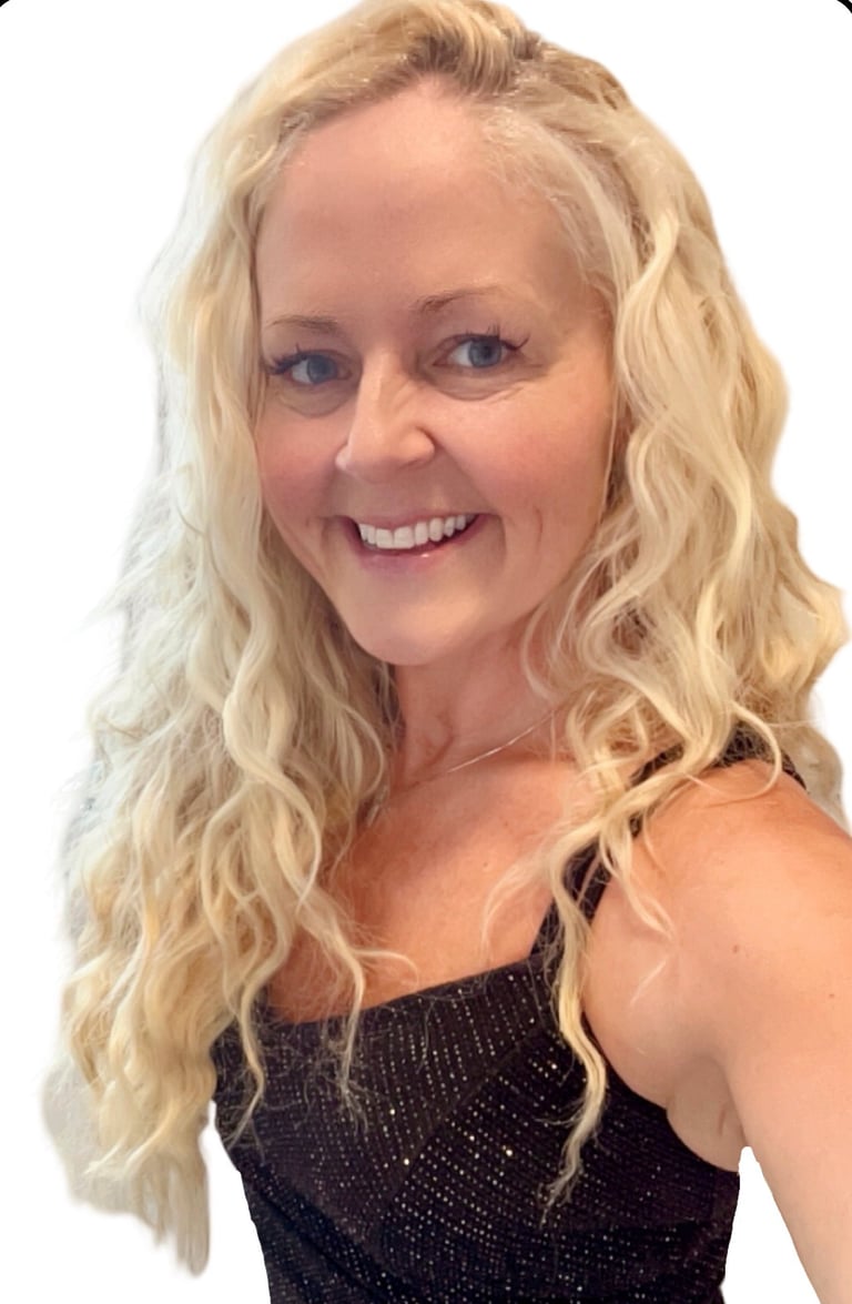 a woman with blonde hair and a black dress