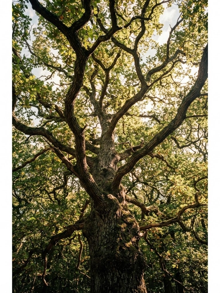 Dramatic low-angle shot looking up into a massive mature oak canopy, dappled forest sunlight filtering through leaves, crisp editorial 35mm photography.