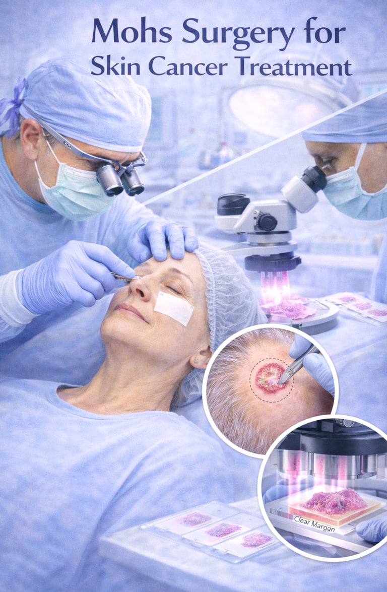 Dermatologist performing Mohs surgery to remove skin cancer while examining tissue under microscope