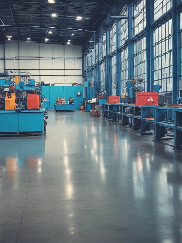 Industrial warehouse interior with organized metal shelving, storage pallets, and bright LED lighting overhead.