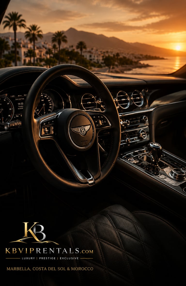Luxury Bentley interior with leather steering wheel during a sunset in Marbella.