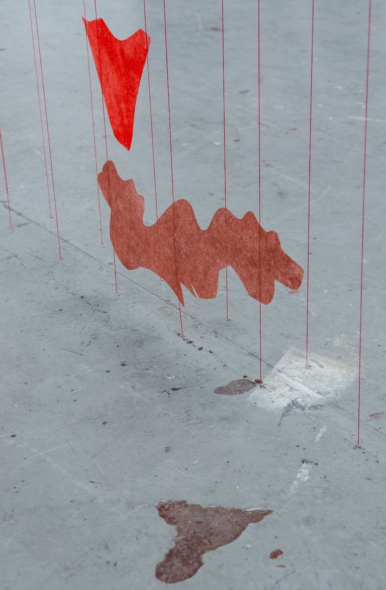Installation aus gefärbten Glasfaserformen auf roten Fäden im Kunstraum Colo’art in Strasbourg
