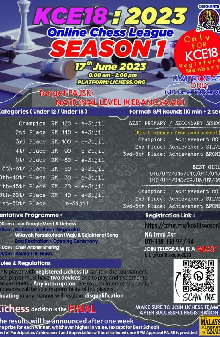KCE18 2023 Online Chess League Season 1. Kelab Catur Elite 18 Malaysia Chess Tournament. 