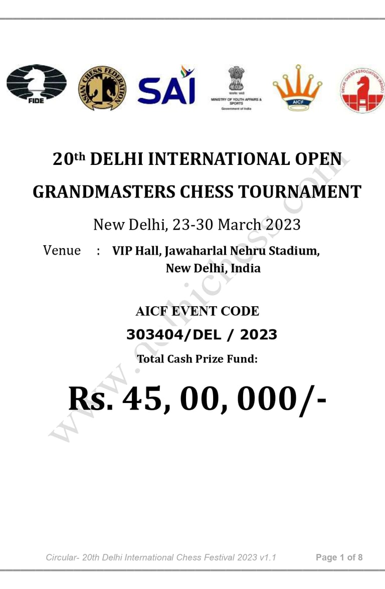 20th Delhi International Open Grandmasters Chess Tournament 2023. India Chess. AICF Chess. ACF Chess