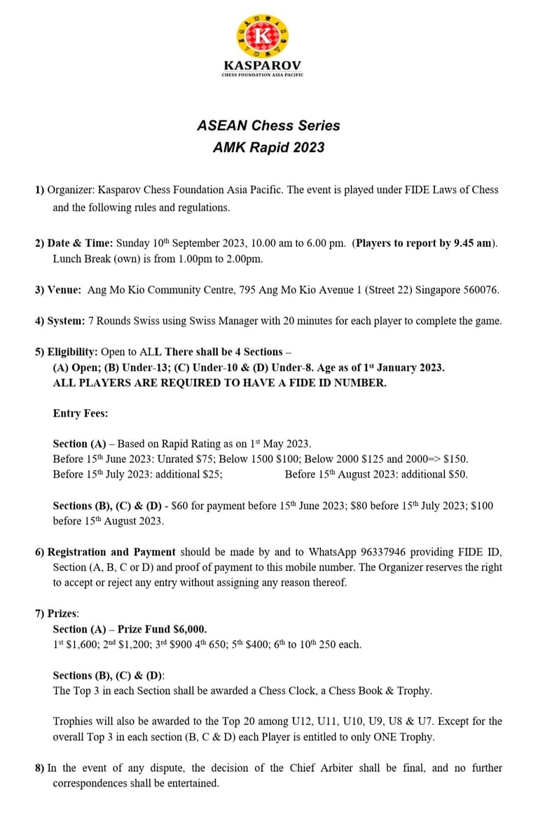 ASEAN Chess Series - AMK Rapid 2023. Kasparov Chess. Singapore Chess
