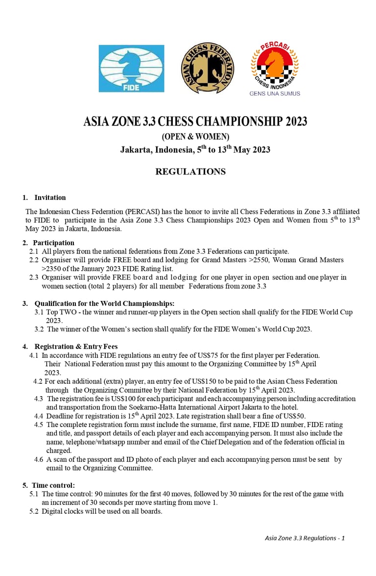 Asian Zonal 3.3, Century Park Hotel Jakarta, Indonesia. Percasi Indonesia. Asian Chess Federation