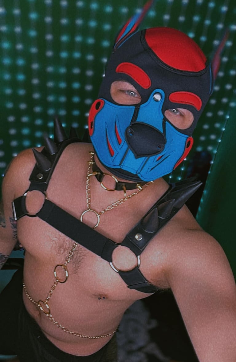A man in his pup mask and gear.