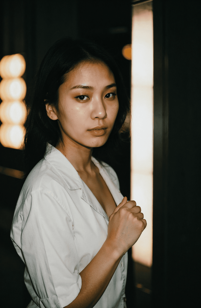 a woman in a white shirt and black pants