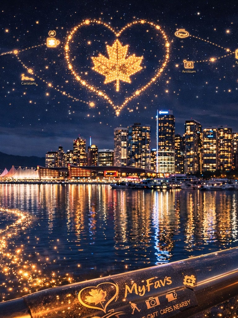 Coal Harbour Vancouver skyline at night reflected in calm water with MyFavs golden discovery trail