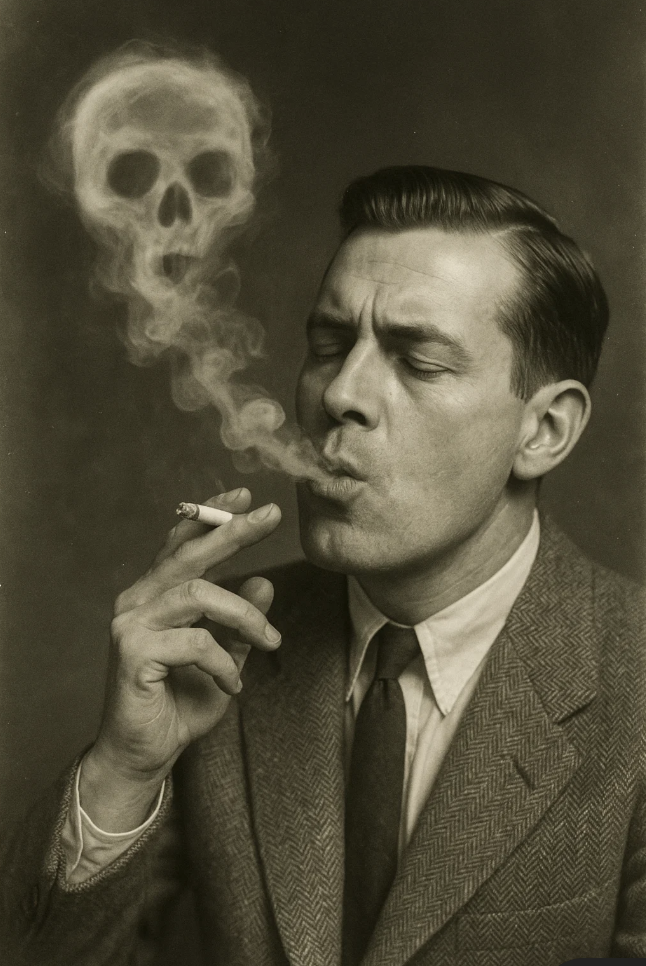 un homme fait un rond de fumée en forme de tête de mort pour la journée mondiale sans tabac.