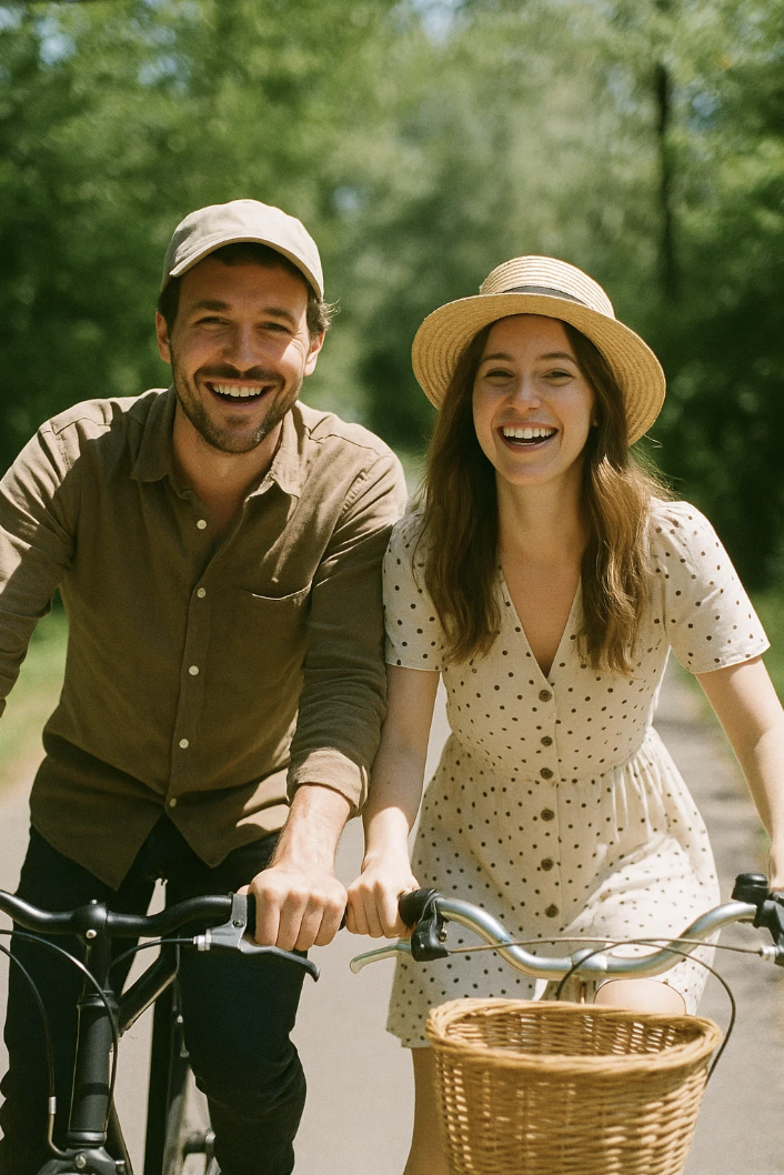 Un couple à vélo pour la journée mondiale de la bicyclette