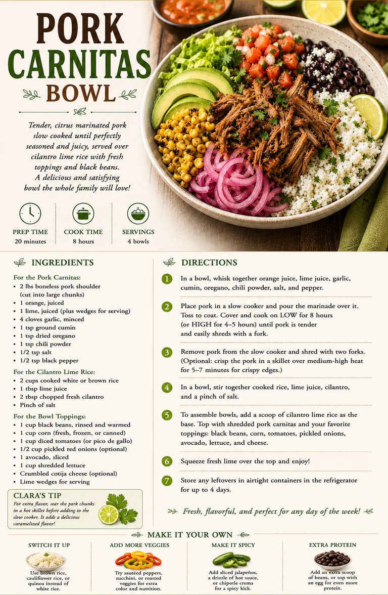 Recipe card for a pork carnitas bowl with slow-cooked shredded meat, cilantro lime rice, avocado, and corn.