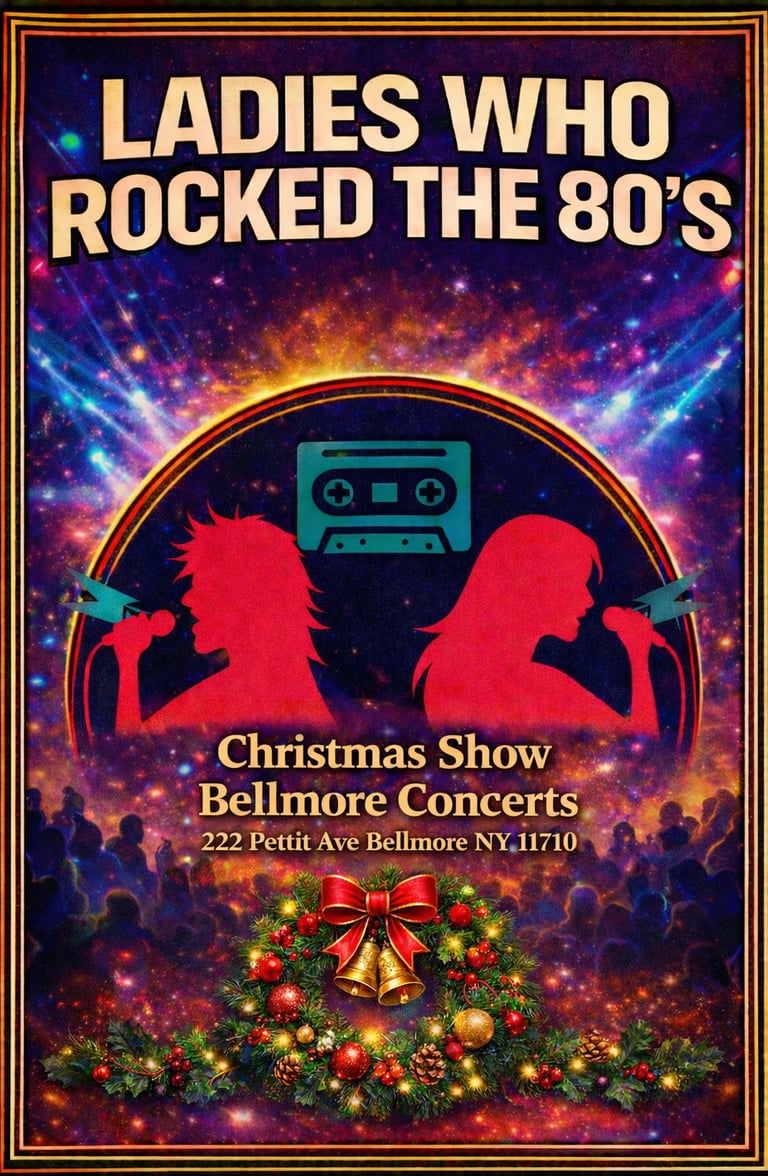 Poster for Ladies Who Rocked the 80s Christmas Show at Bellmore Concerts featuring female rock silhouettes.