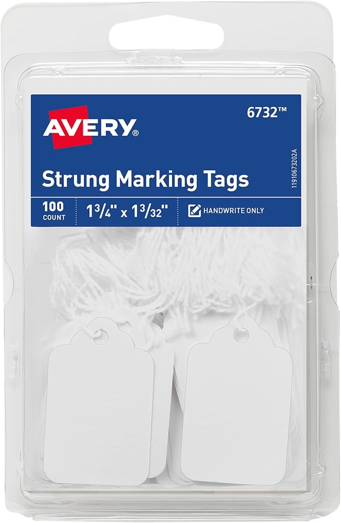 White Avery string tags for gifts, products, and labeling, neatly packed in a reusable container