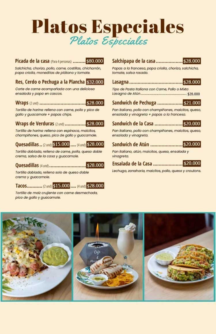 Platos Especiales Menu Café y Macadamia Armenia Quindío