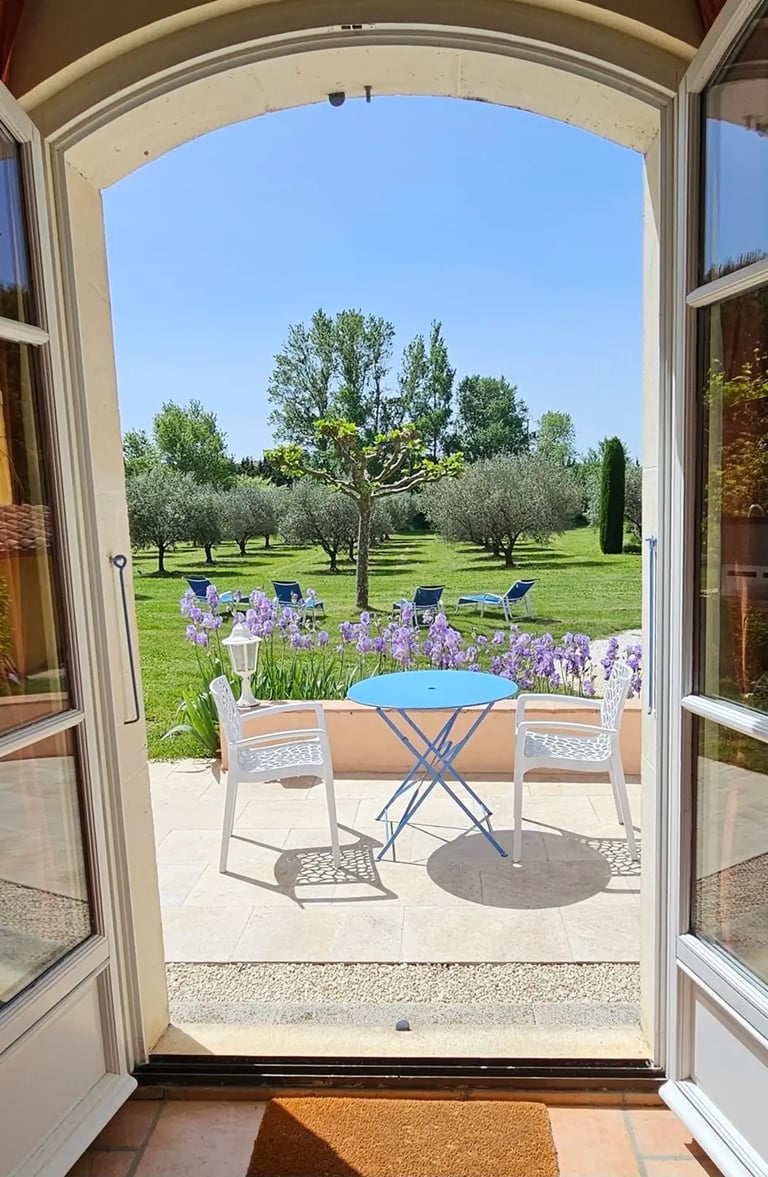 Fenêtre du salon donnant sur le jardin avec vue sur les oliviers