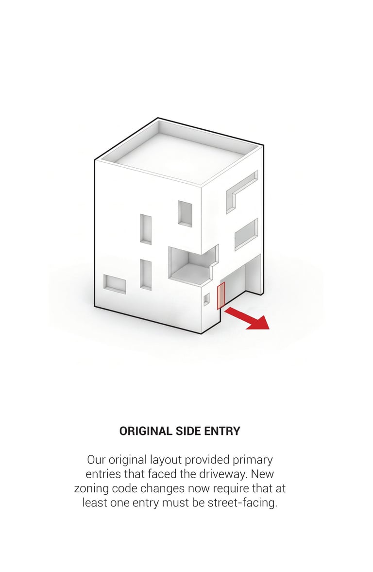 Minimalist architectural diagram showing an original side facing entry.
