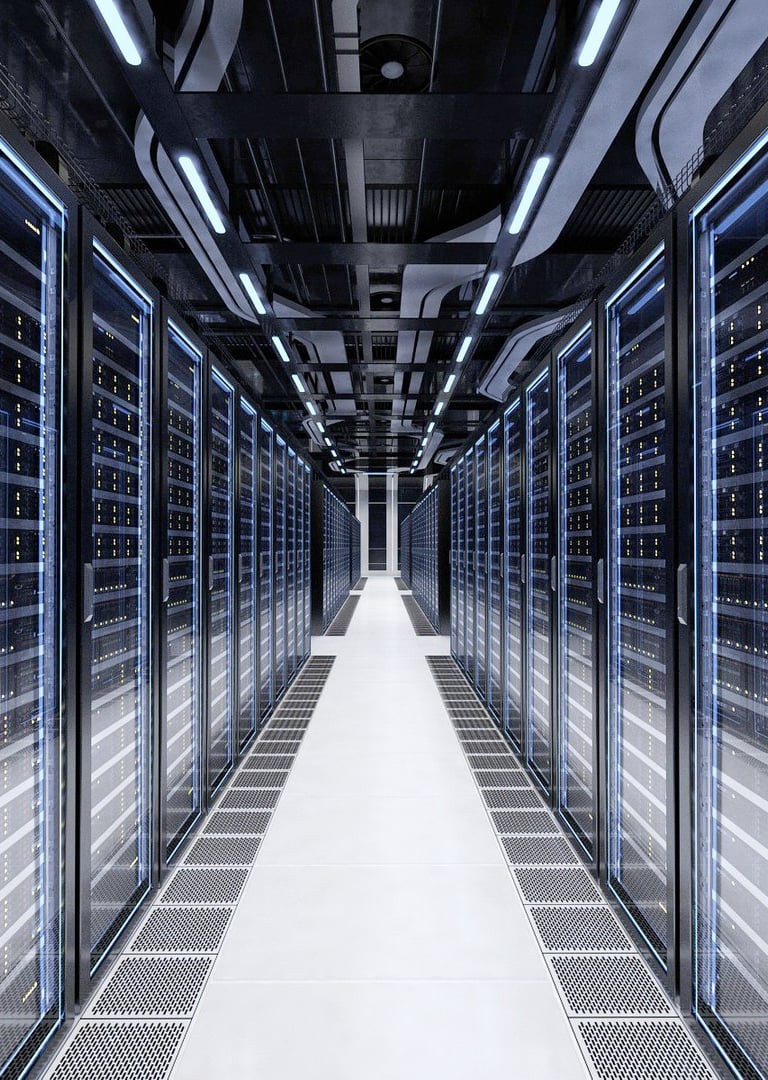 Modern data center interior featuring rows of server racks and blue LED lighting.