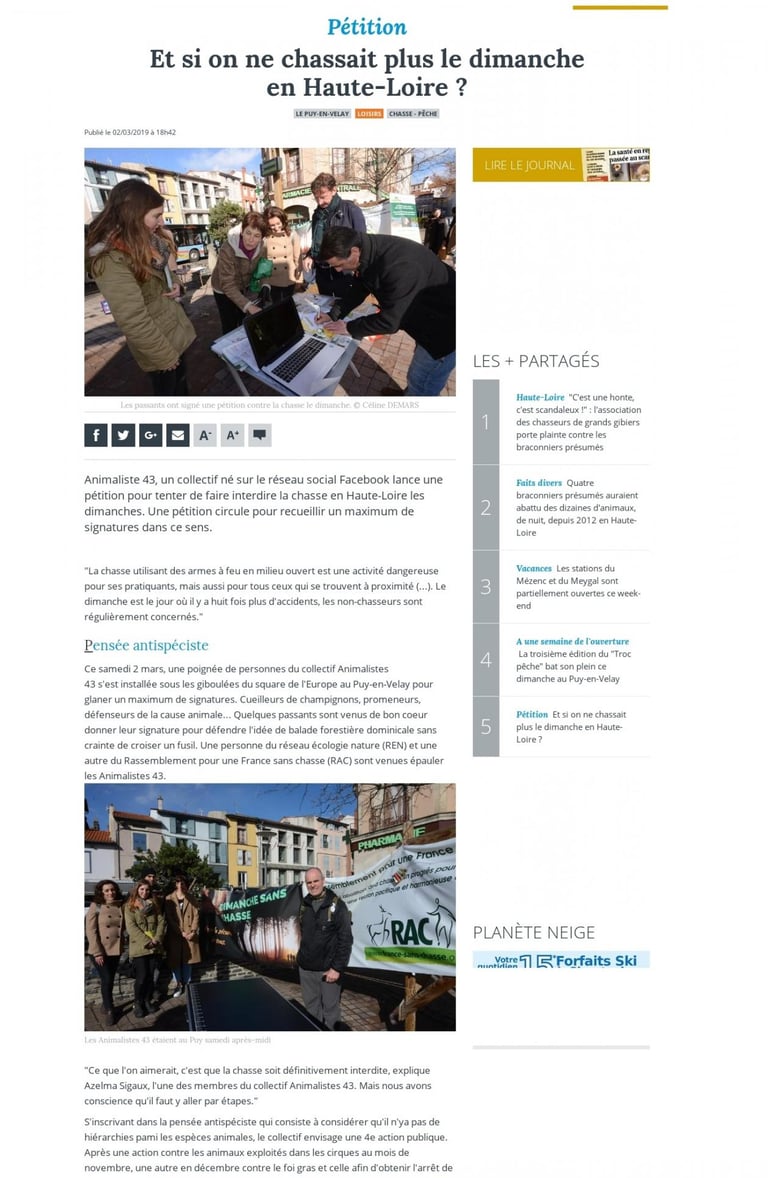article leveil haute loire animalistes 43 dimanche sans chasse azelma sigaux animalistes 43