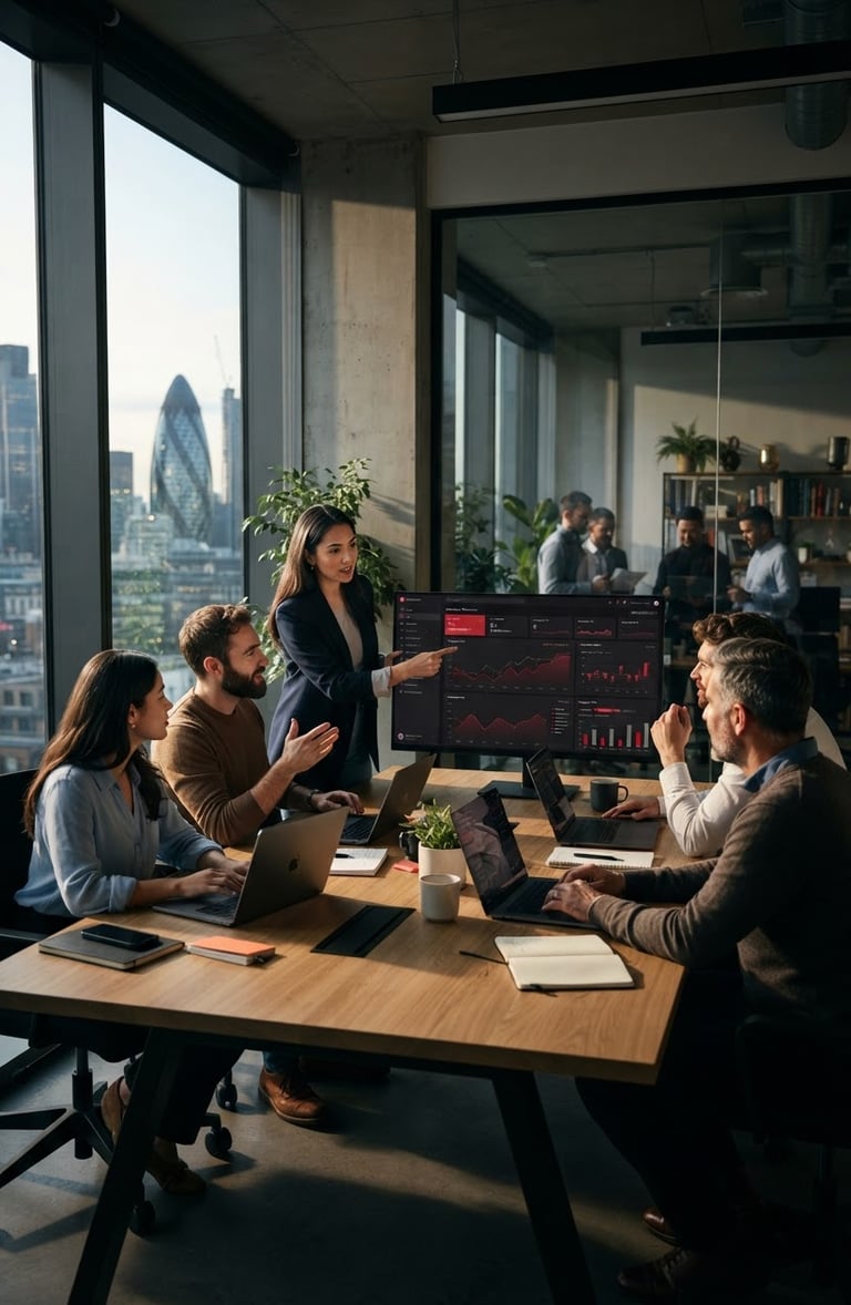 Equipo de marketing colaborando en una oficina moderna con iluminación de ventana, mostrando pantallas con métricas y gráficos, con un toque de acento rojo sutil en la pantalla.