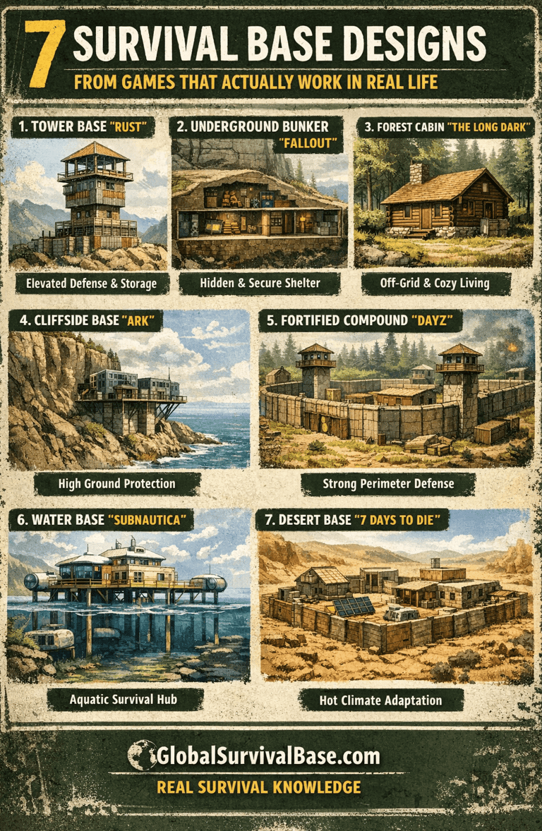 Infographic showing 7 survival base designs inspired by video games that actualy work ini real life