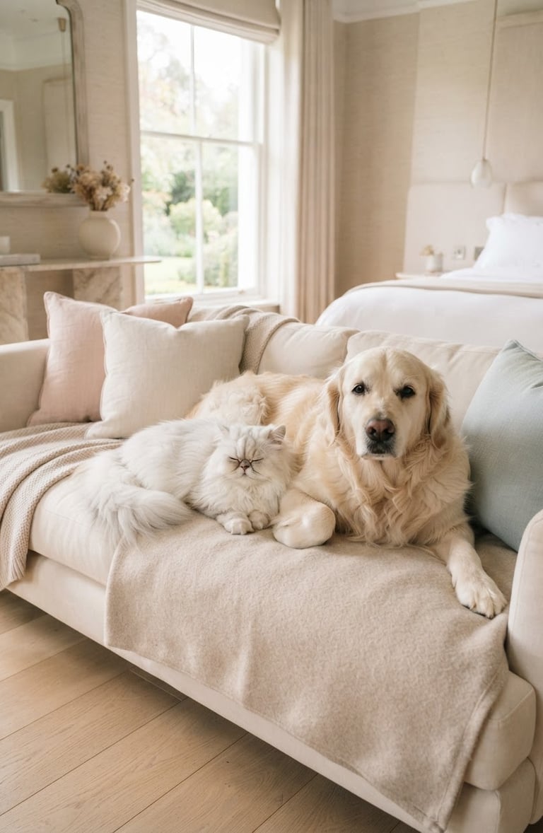 Anjing golden retriever dan kucing persia berbulu panjang santai di suite hotel mewah bernuansa pastel terang, dengan pencahayaan alami yang cerah, estetis, dan bersih. Fokus pada ekspresi tenang dan nyaman hewan.