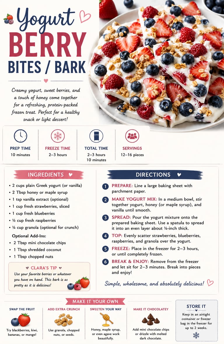 Recipe card for Yogurt Berry Bites showing frozen Greek yogurt bark topped with fresh strawberries, blueberries, and granola.