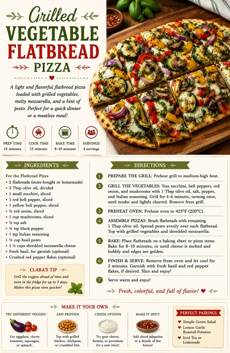 Recipe card for grilled vegetable flatbread pizza with pesto, zucchini, and melted mozzarella cheese.