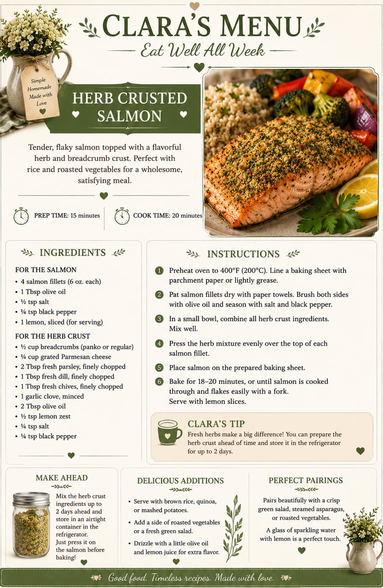 A detailed recipe card for herb crusted salmon featuring a photo of baked fish with roasted vegetables.