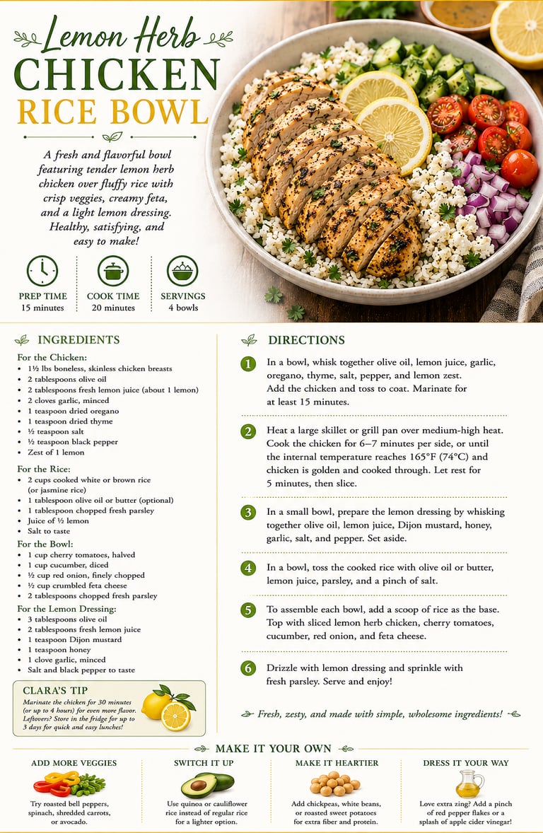 Lemon herb chicken rice bowl recipe infographic with ingredients, instructions, and healthy meal prep tips.
