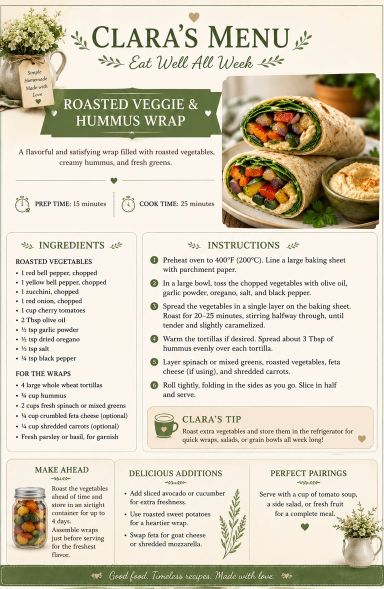 Recipe card for roasted vegetable and hummus wrap with ingredients, instructions, and healthy meal prep tips.